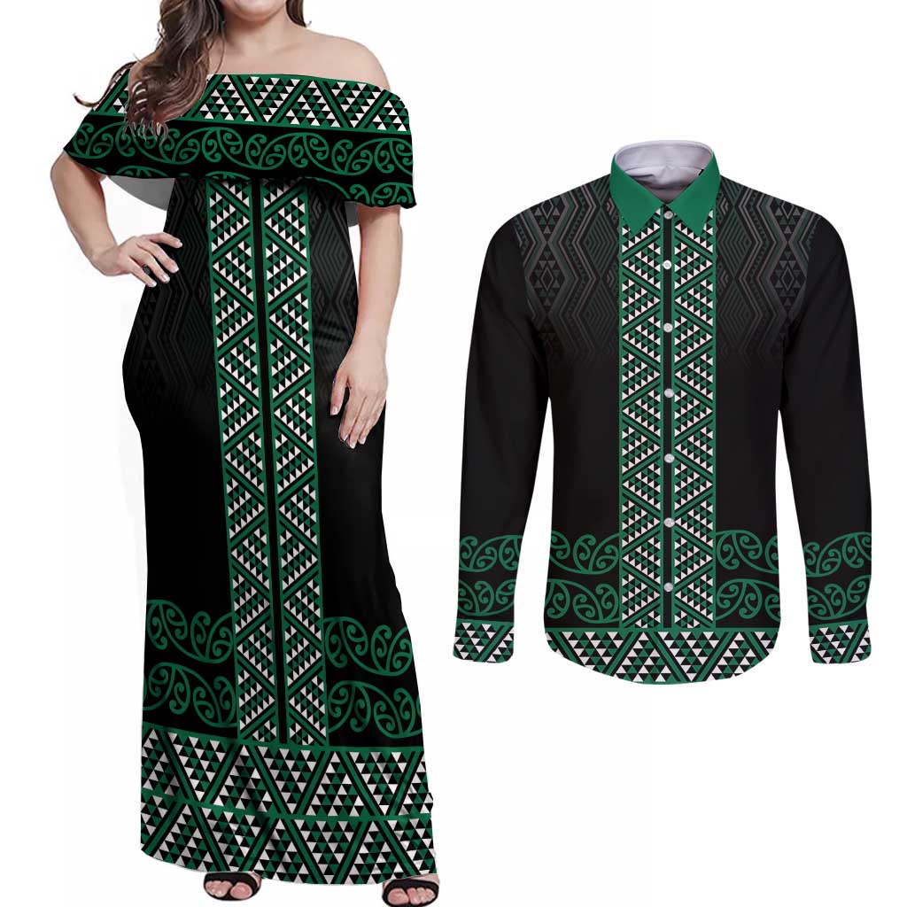 Maori Taniko Patterns Couples Matching Off Shoulder Maxi Dress and Long Sleeve Button Shirt Pounamu Niho Taniwha Mix Paatiki Motifs LT7 Green - Polynesian Pride