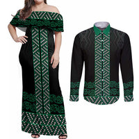 Maori Taniko Patterns Couples Matching Off Shoulder Maxi Dress and Long Sleeve Button Shirt Pounamu Niho Taniwha Mix Paatiki Motifs LT7 Green - Polynesian Pride