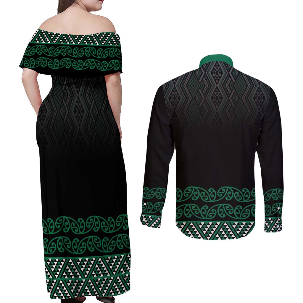 Maori Taniko Patterns Couples Matching Off Shoulder Maxi Dress and Long Sleeve Button Shirt Pounamu Niho Taniwha Mix Paatiki Motifs LT7 - Polynesian Pride