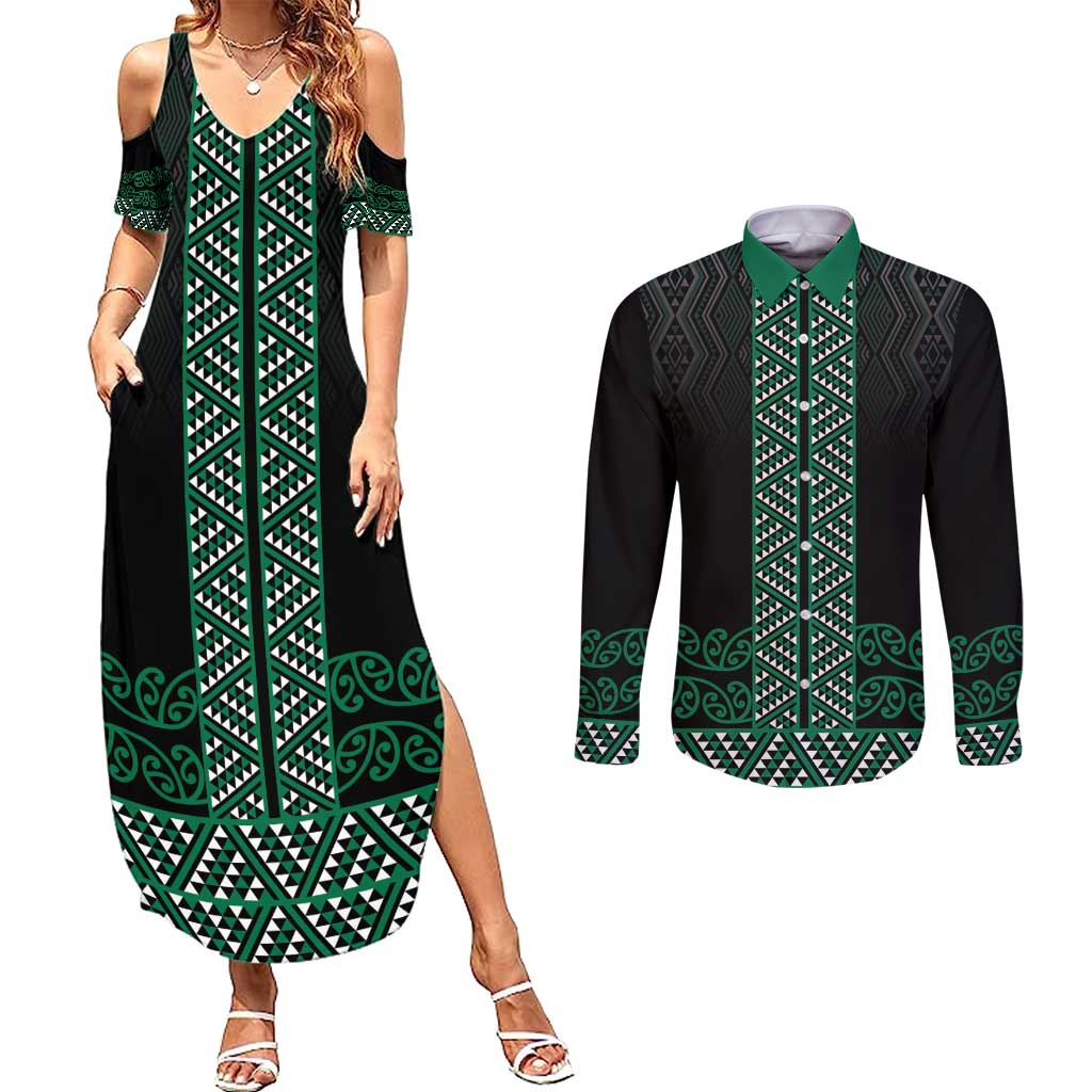 Maori Taniko Patterns Couples Matching Summer Maxi Dress and Long Sleeve Button Shirt Pounamu Niho Taniwha Mix Paatiki Motifs LT7 Green - Polynesian Pride
