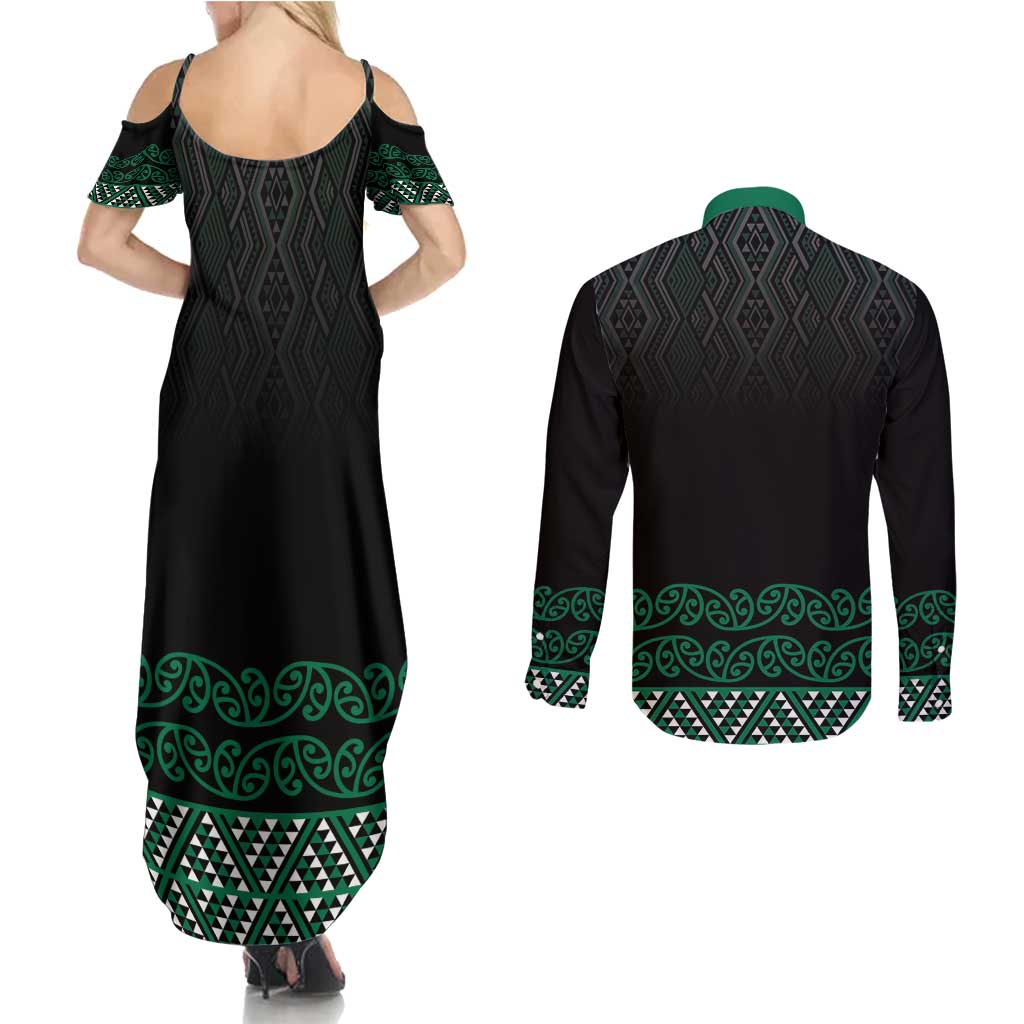 Maori Taniko Patterns Couples Matching Summer Maxi Dress and Long Sleeve Button Shirt Pounamu Niho Taniwha Mix Paatiki Motifs LT7 - Polynesian Pride