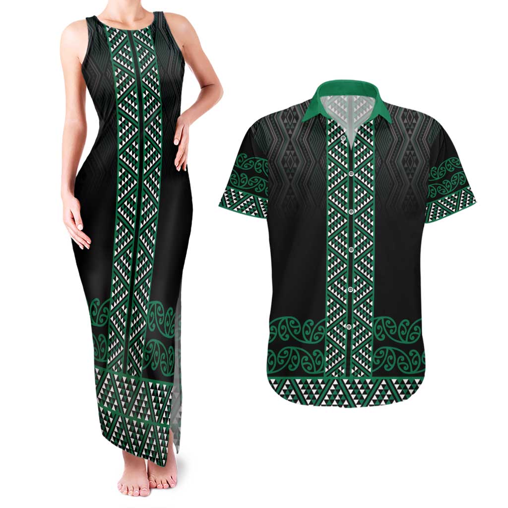Maori Taniko Patterns Couples Matching Tank Maxi Dress and Hawaiian Shirt Pounamu Niho Taniwha Mix Paatiki Motifs LT7 Green - Polynesian Pride
