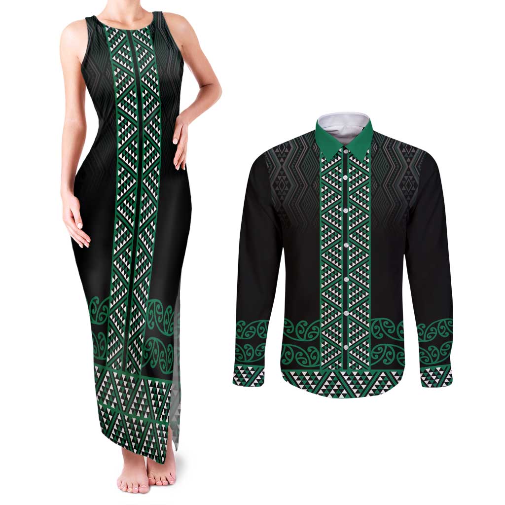 Maori Taniko Patterns Couples Matching Tank Maxi Dress and Long Sleeve Button Shirt Pounamu Niho Taniwha Mix Paatiki Motifs LT7 Green - Polynesian Pride