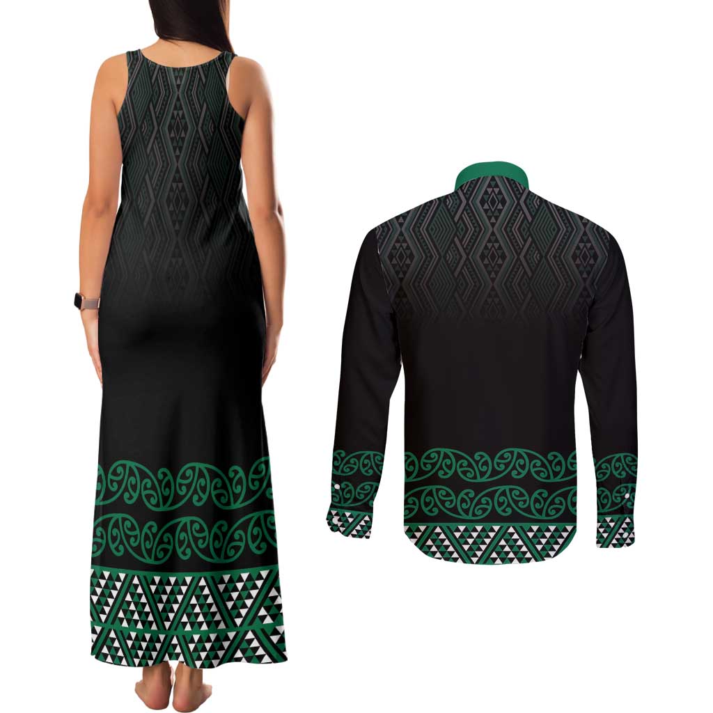 Maori Taniko Patterns Couples Matching Tank Maxi Dress and Long Sleeve Button Shirt Pounamu Niho Taniwha Mix Paatiki Motifs LT7 - Polynesian Pride