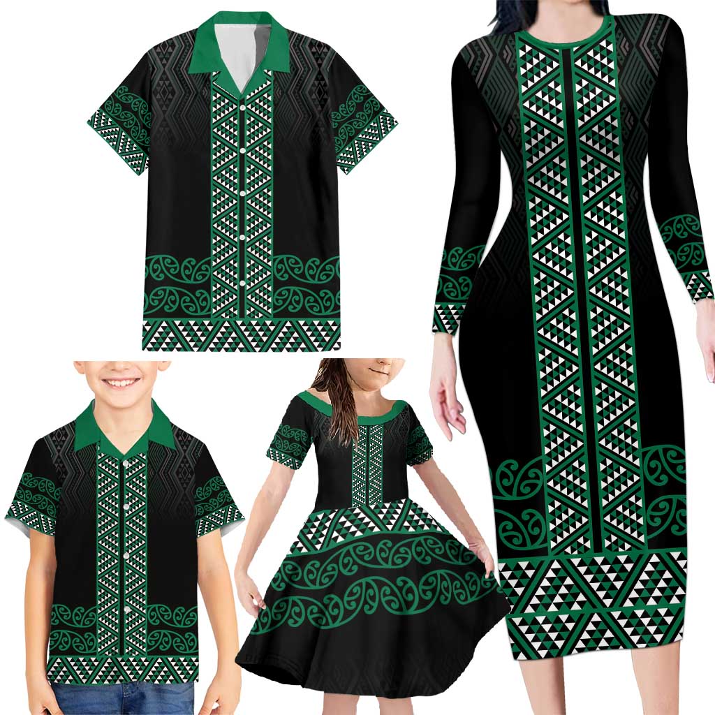 Maori Taniko Patterns Family Matching Long Sleeve Bodycon Dress and Hawaiian Shirt Pounamu Niho Taniwha Mix Paatiki Motifs