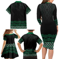Maori Taniko Patterns Family Matching Long Sleeve Bodycon Dress and Hawaiian Shirt Pounamu Niho Taniwha Mix Paatiki Motifs