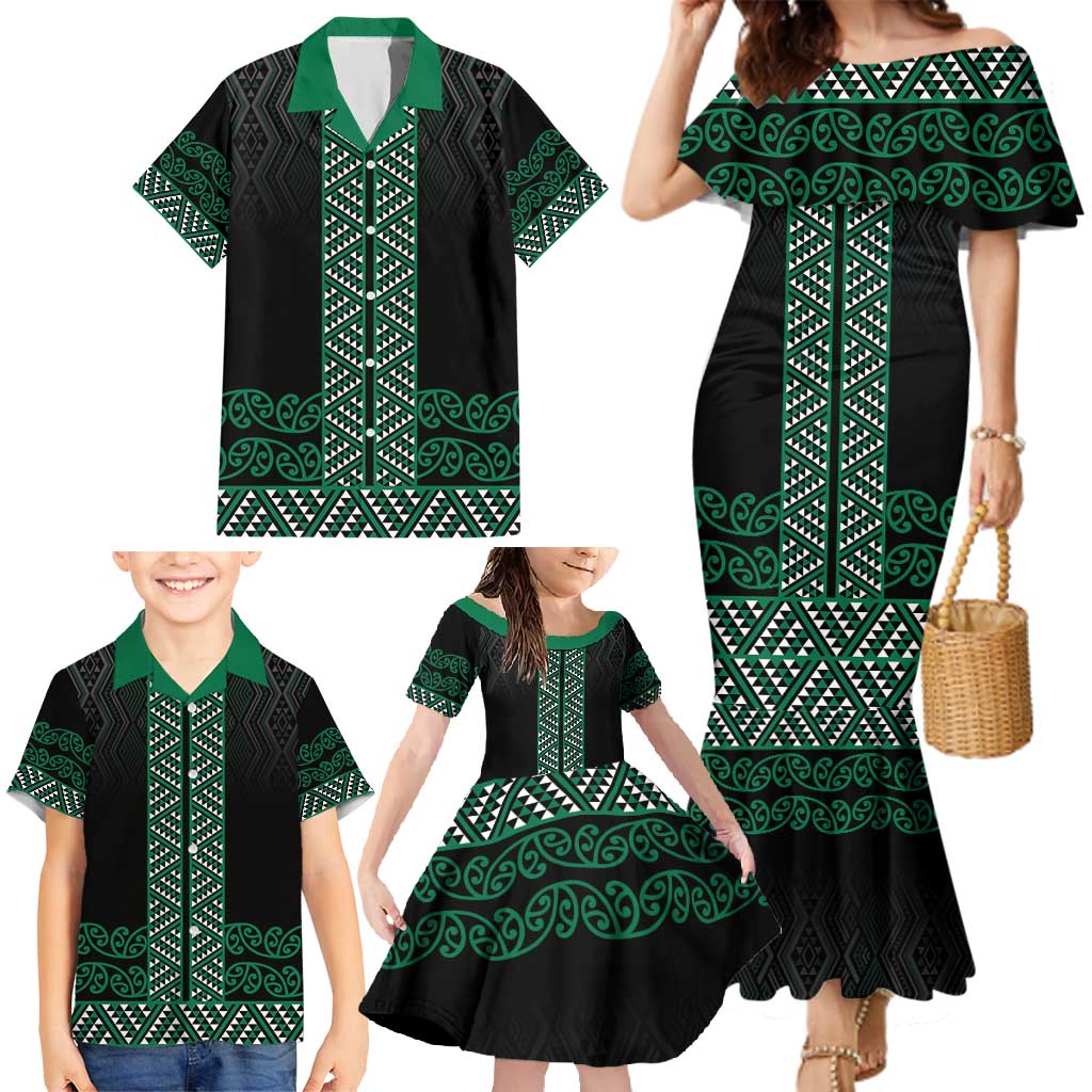 Maori Taniko Patterns Family Matching Mermaid Dress and Hawaiian Shirt Pounamu Niho Taniwha Mix Paatiki Motifs