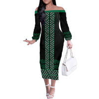 Maori Taniko Patterns Family Matching Off The Shoulder Long Sleeve Dress and Hawaiian Shirt Pounamu Niho Taniwha Mix Paatiki Motifs