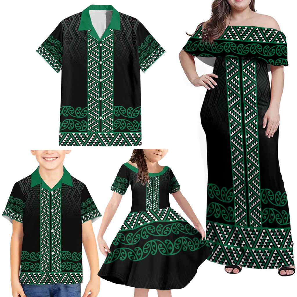 Maori Taniko Patterns Family Matching Off Shoulder Maxi Dress and Hawaiian Shirt Pounamu Niho Taniwha Mix Paatiki Motifs