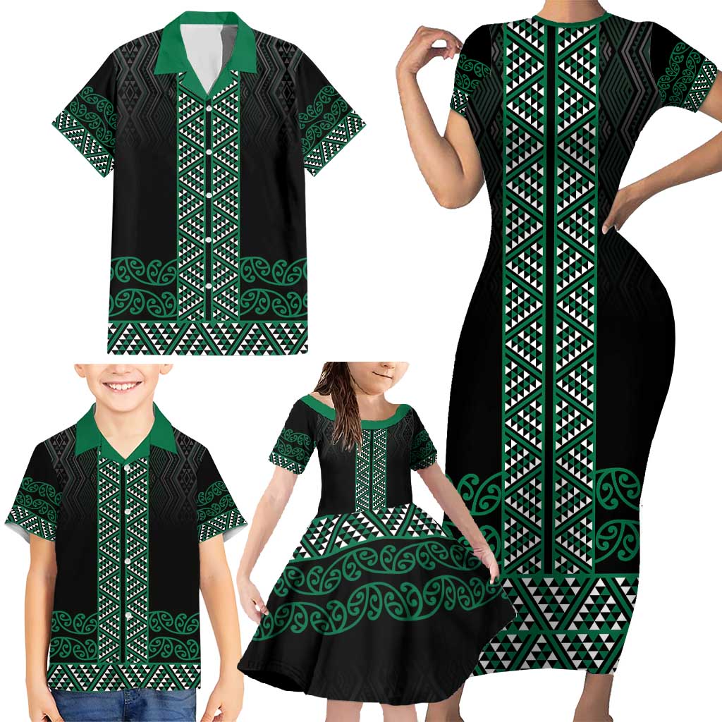 Maori Taniko Patterns Family Matching Short Sleeve Bodycon Dress and Hawaiian Shirt Pounamu Niho Taniwha Mix Paatiki Motifs