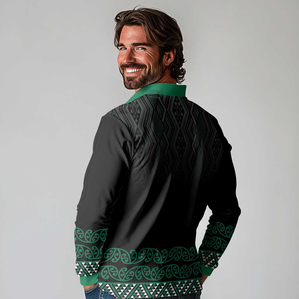 Maori Taniko Patterns Long Sleeve Polo Shirt Pounamu Niho Taniwha Mix Paatiki Motifs