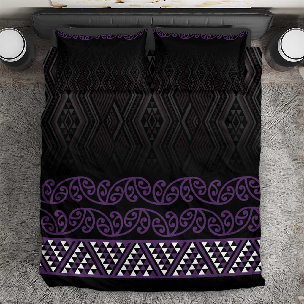 Maori Taniko Patterns Bedding Set Purple Niho Taniwha Mix Paatiki Motifs
