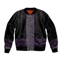 Maori Taniko Patterns Bomber Jacket Purple Niho Taniwha Mix Paatiki Motifs
