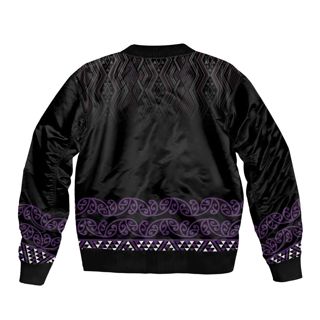Maori Taniko Patterns Bomber Jacket Purple Niho Taniwha Mix Paatiki Motifs