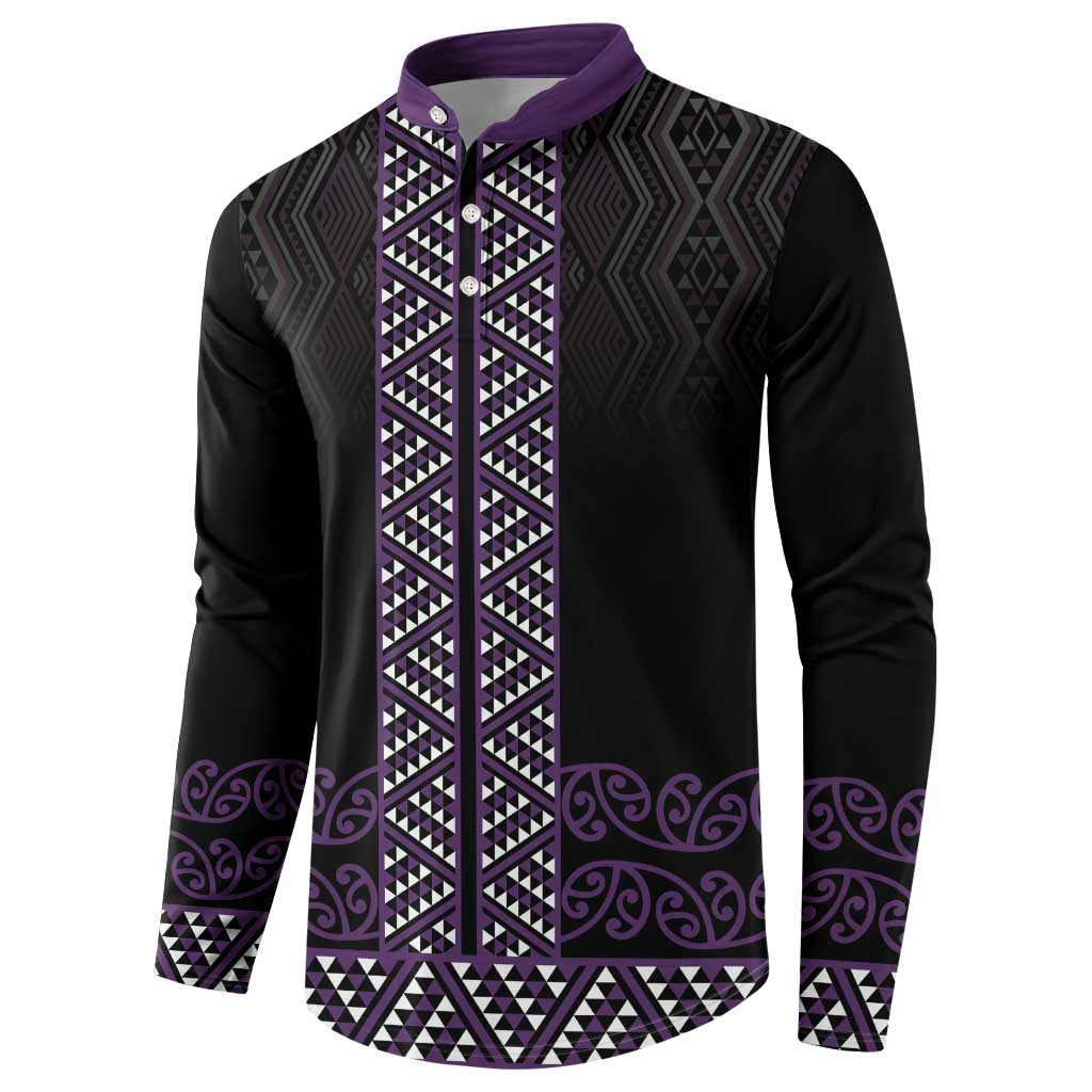 Maori Taniko Patterns Button Sweatshirt Purple Niho Taniwha Mix Paatiki Motifs
