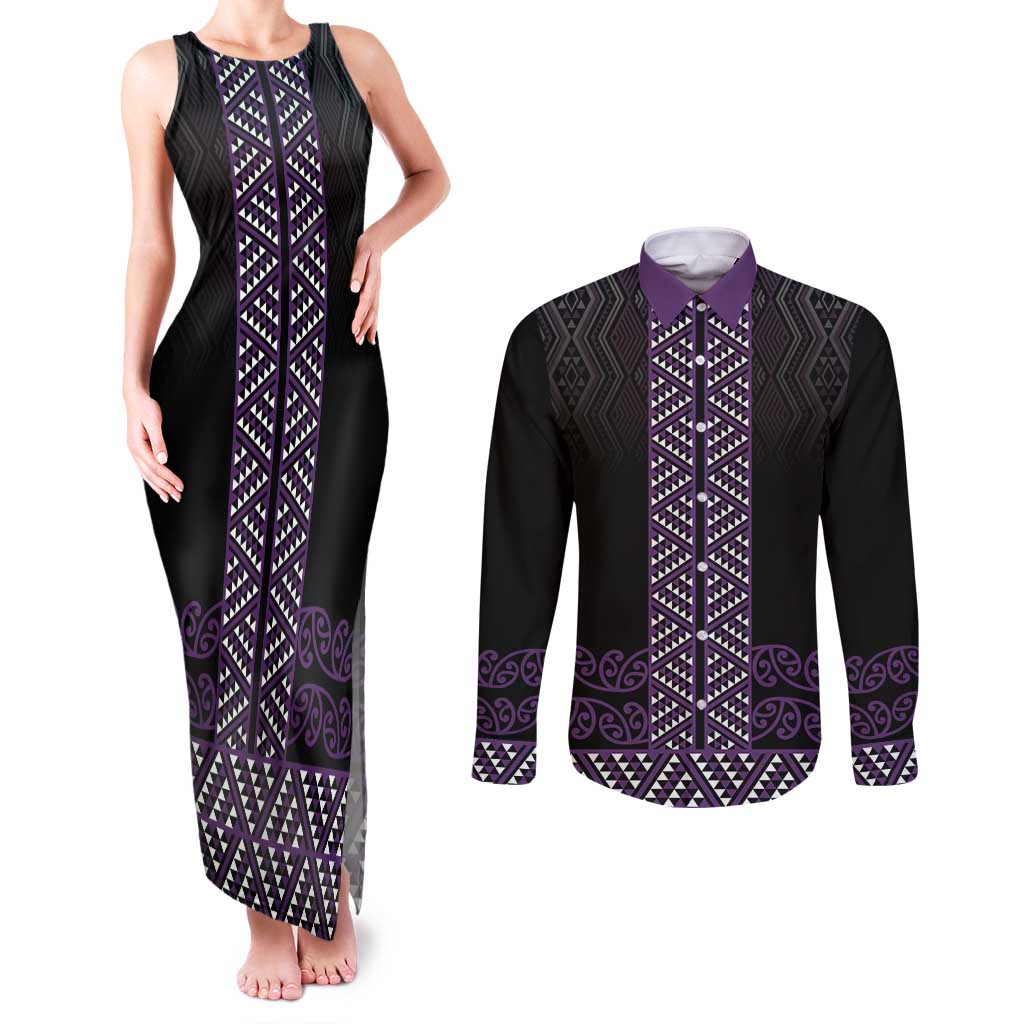 Maori Taniko Patterns Couples Matching Tank Maxi Dress and Long Sleeve Button Shirt Purple Niho Taniwha Mix Paatiki Motifs LT7 Purple - Polynesian Pride