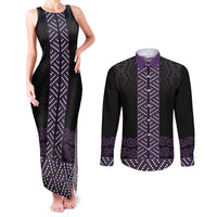 Maori Taniko Patterns Couples Matching Tank Maxi Dress and Long Sleeve Button Shirt Purple Niho Taniwha Mix Paatiki Motifs LT7 Purple - Polynesian Pride