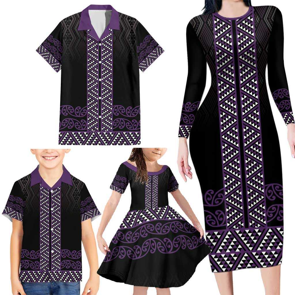 Maori Taniko Patterns Family Matching Long Sleeve Bodycon Dress and Hawaiian Shirt Purple Niho Taniwha Mix Paatiki Motifs