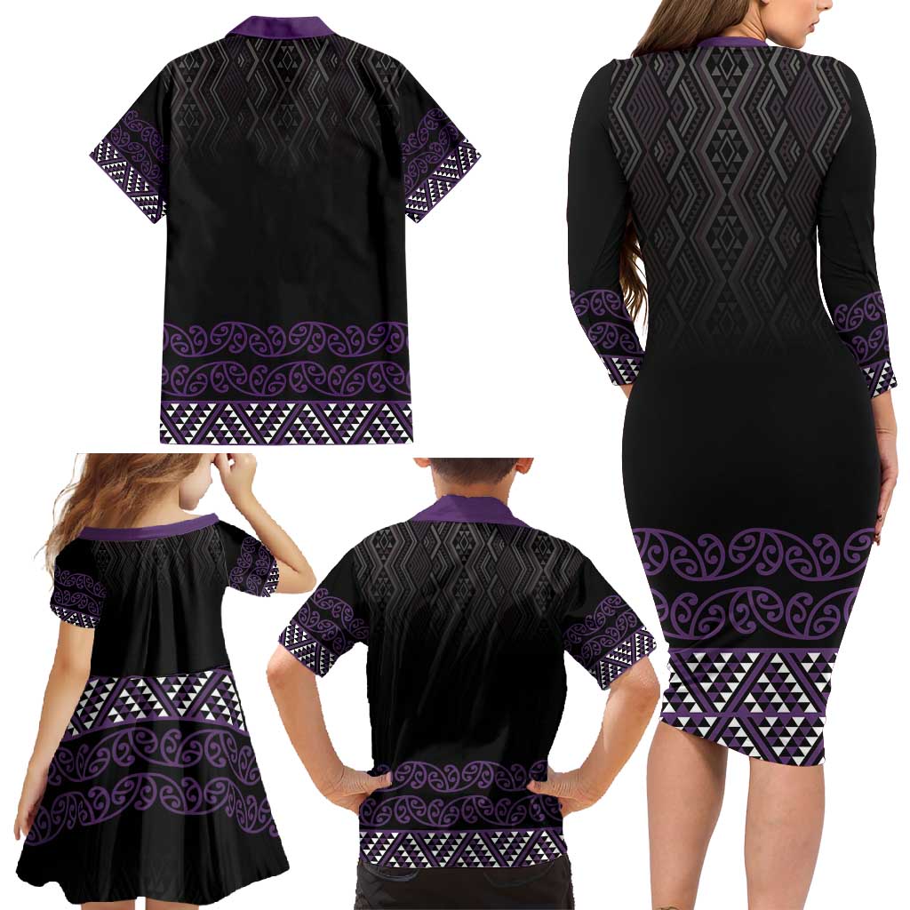 Maori Taniko Patterns Family Matching Long Sleeve Bodycon Dress and Hawaiian Shirt Purple Niho Taniwha Mix Paatiki Motifs