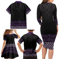 Maori Taniko Patterns Family Matching Long Sleeve Bodycon Dress and Hawaiian Shirt Purple Niho Taniwha Mix Paatiki Motifs