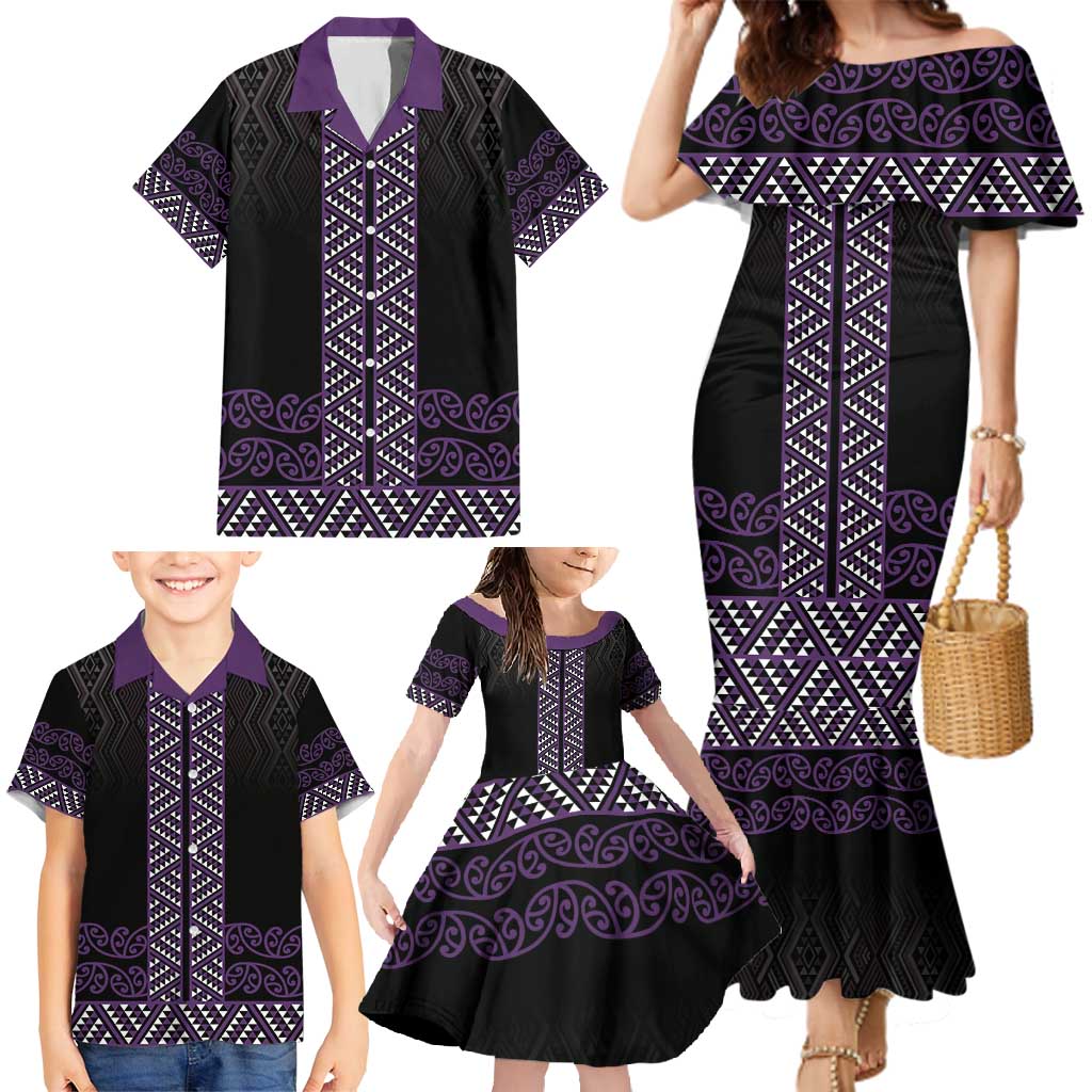 Maori Taniko Patterns Family Matching Mermaid Dress and Hawaiian Shirt Purple Niho Taniwha Mix Paatiki Motifs