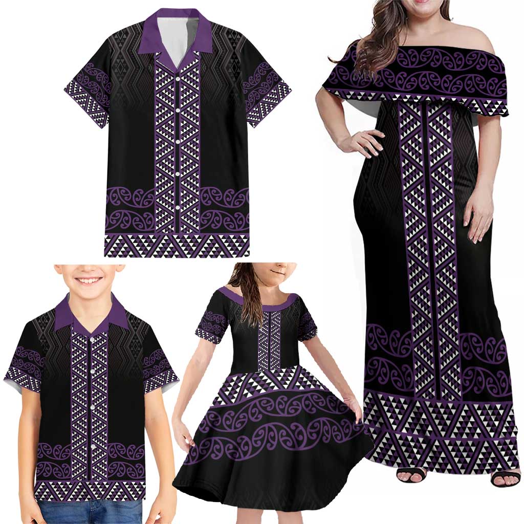 Maori Taniko Patterns Family Matching Off Shoulder Maxi Dress and Hawaiian Shirt Purple Niho Taniwha Mix Paatiki Motifs