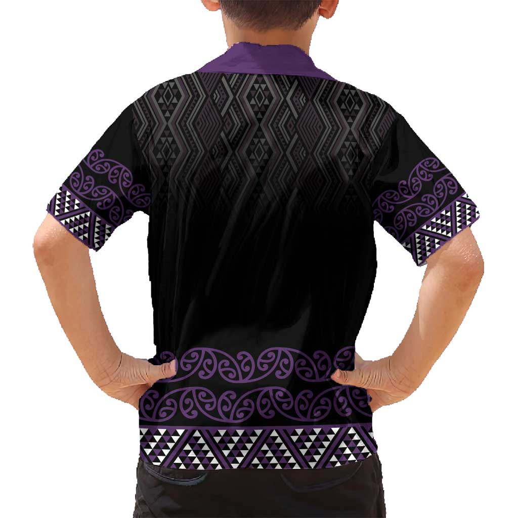 Maori Taniko Patterns Family Matching Off Shoulder Short Dress and Hawaiian Shirt Purple Niho Taniwha Mix Paatiki Motifs