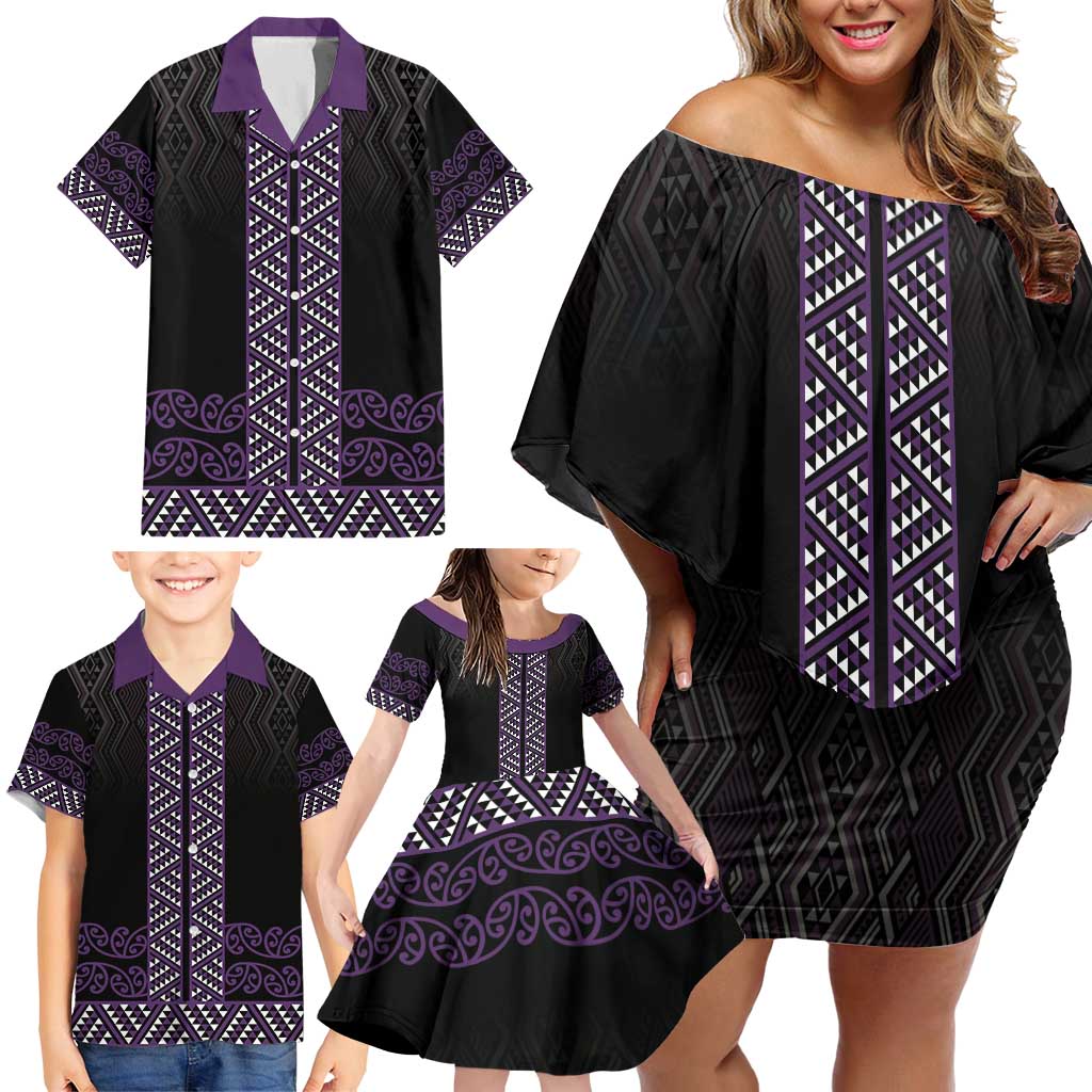 Maori Taniko Patterns Family Matching Off Shoulder Short Dress and Hawaiian Shirt Purple Niho Taniwha Mix Paatiki Motifs