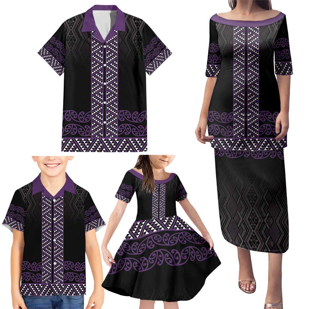Maori Taniko Patterns Family Matching Puletasi and Hawaiian Shirt Purple Niho Taniwha Mix Paatiki Motifs