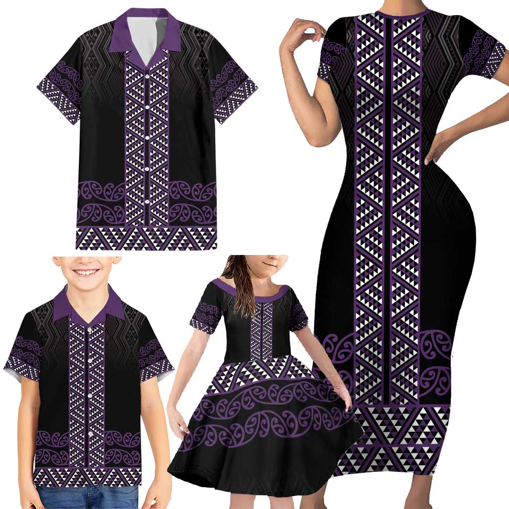 Maori Taniko Patterns Family Matching Short Sleeve Bodycon Dress and Hawaiian Shirt Purple Niho Taniwha Mix Paatiki Motifs