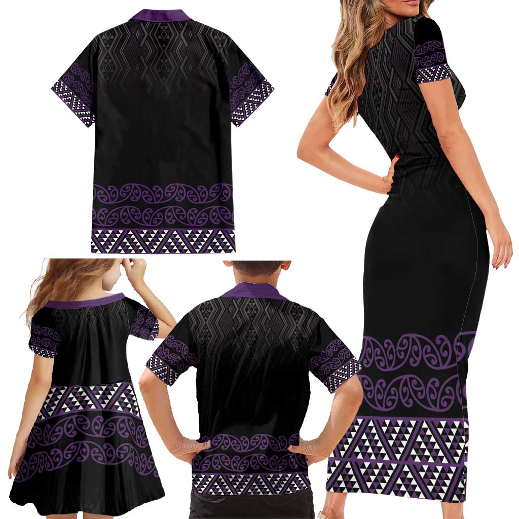 Maori Taniko Patterns Family Matching Short Sleeve Bodycon Dress and Hawaiian Shirt Purple Niho Taniwha Mix Paatiki Motifs