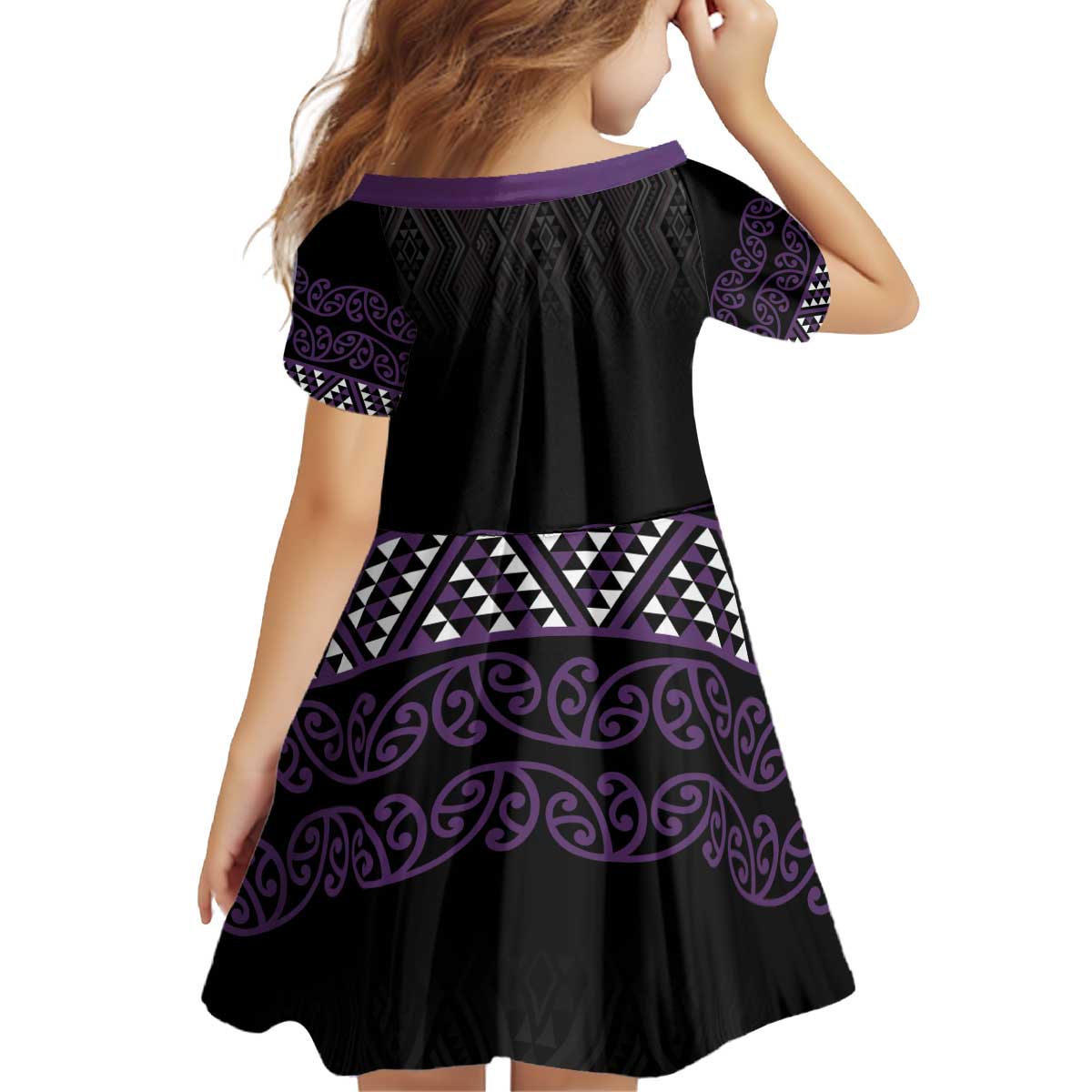 Maori Taniko Patterns Kid Short Sleeve Dress Purple Niho Taniwha Mix Paatiki Motifs