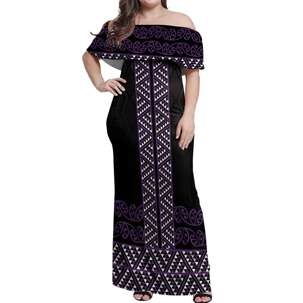 Maori Taniko Patterns Off Shoulder Maxi Dress Purple Niho Taniwha Mix Paatiki Motifs