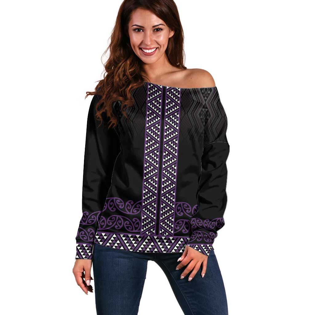Maori Taniko Patterns Off Shoulder Sweater Purple Niho Taniwha Mix Paatiki Motifs