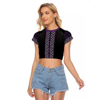 Maori Taniko Patterns Raglan Cropped T Shirt Purple Niho Taniwha Mix Paatiki Motifs LT7 Female Purple - Polynesian Pride