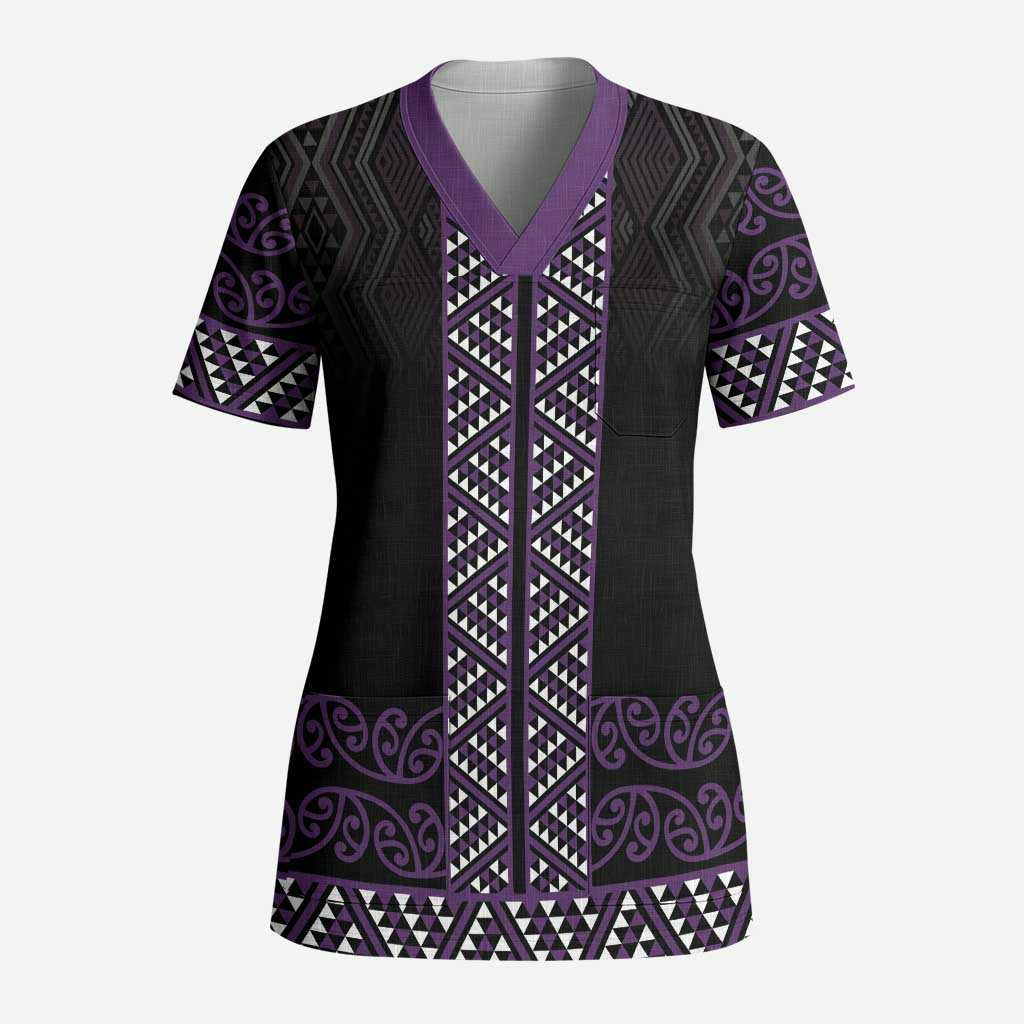 Maori Taniko Patterns Scrub Top Purple Niho Taniwha Mix Paatiki Motifs - Polynesian Pride