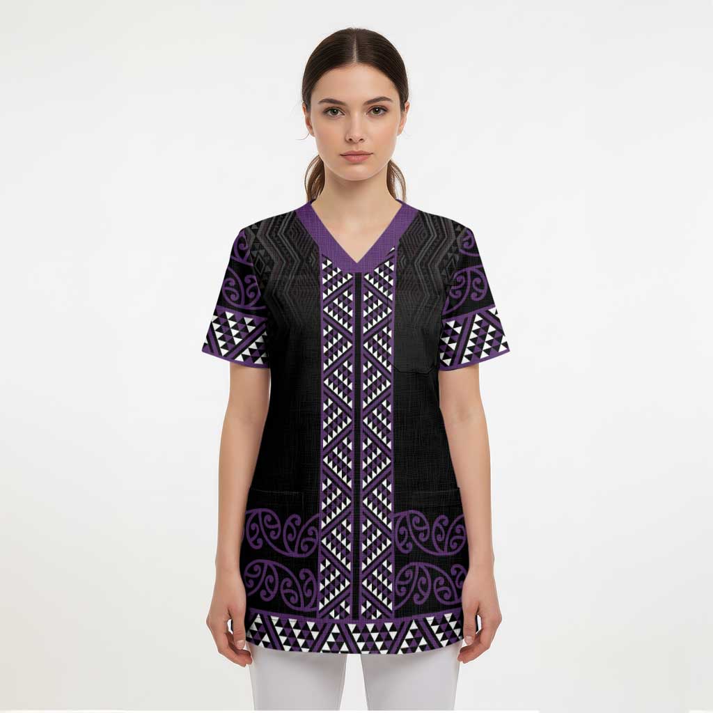 Maori Taniko Patterns Scrub Top Purple Niho Taniwha Mix Paatiki Motifs - Polynesian Pride