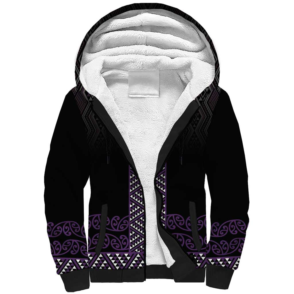 Maori Taniko Patterns Sherpa Hoodie Purple Niho Taniwha Mix Paatiki Motifs