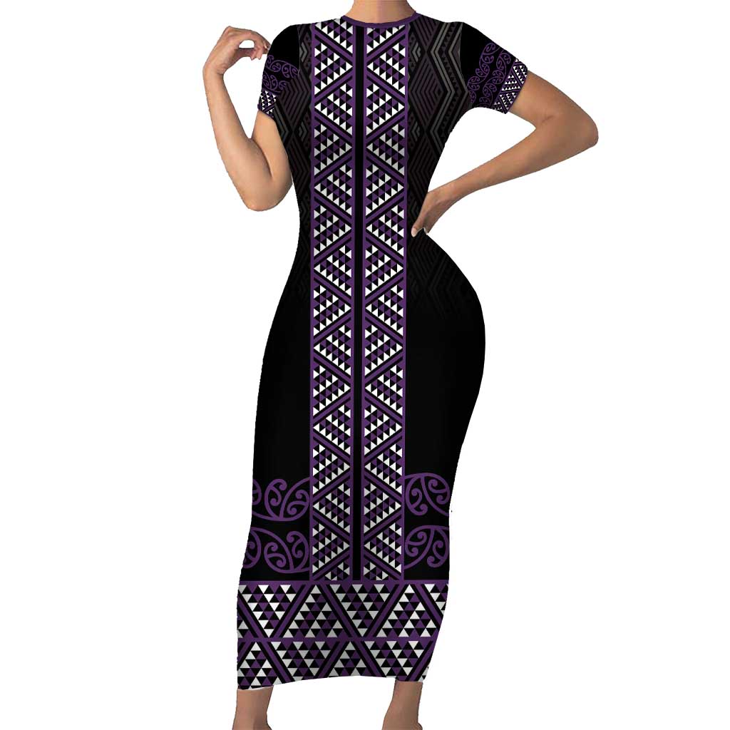 Maori Taniko Patterns Short Sleeve Bodycon Dress Purple Niho Taniwha Mix Paatiki Motifs LT7 Long Dress Purple - Polynesian Pride