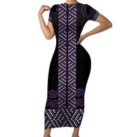 Maori Taniko Patterns Short Sleeve Bodycon Dress Purple Niho Taniwha Mix Paatiki Motifs LT7 Long Dress Purple - Polynesian Pride