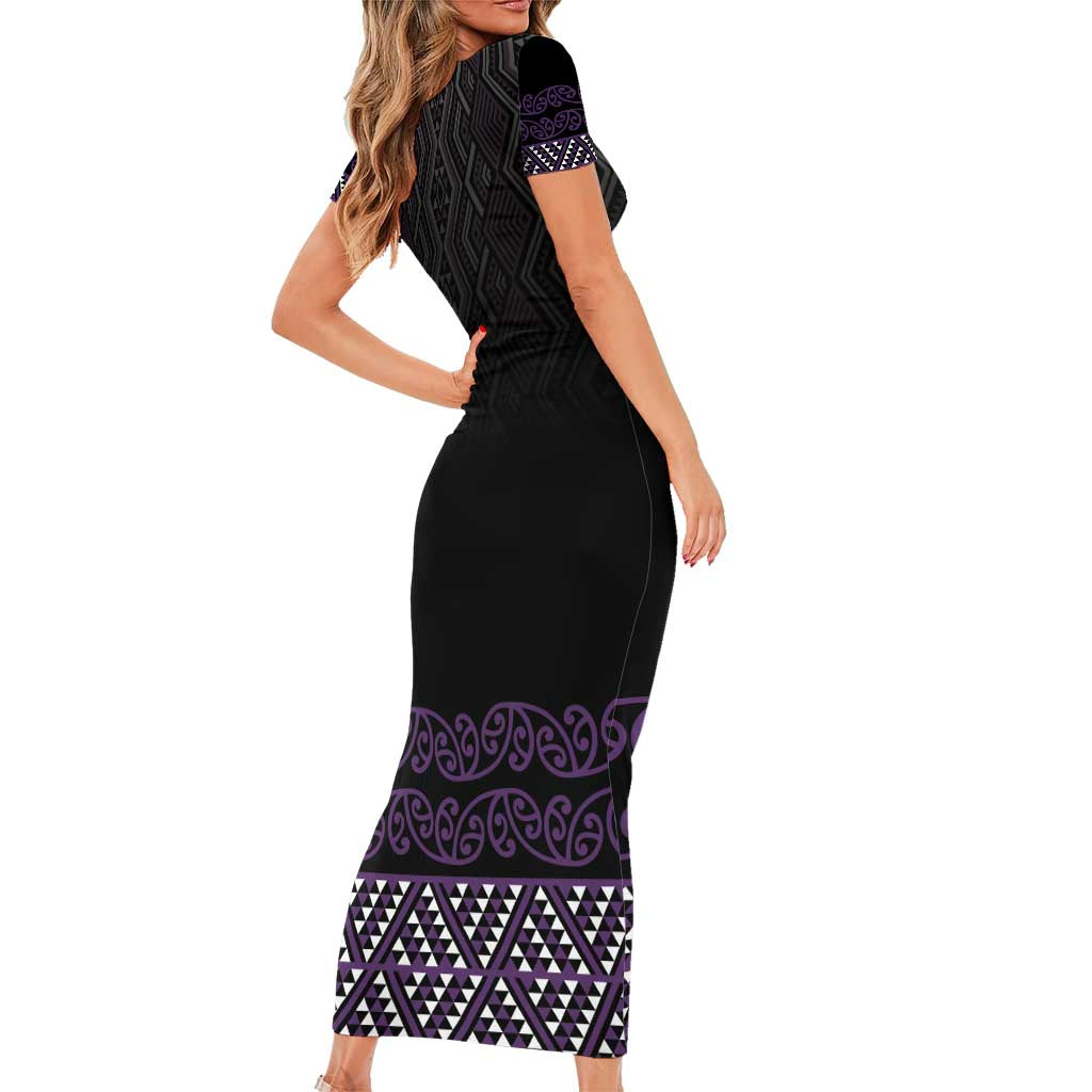 Maori Taniko Patterns Short Sleeve Bodycon Dress Purple Niho Taniwha Mix Paatiki Motifs LT7 - Polynesian Pride