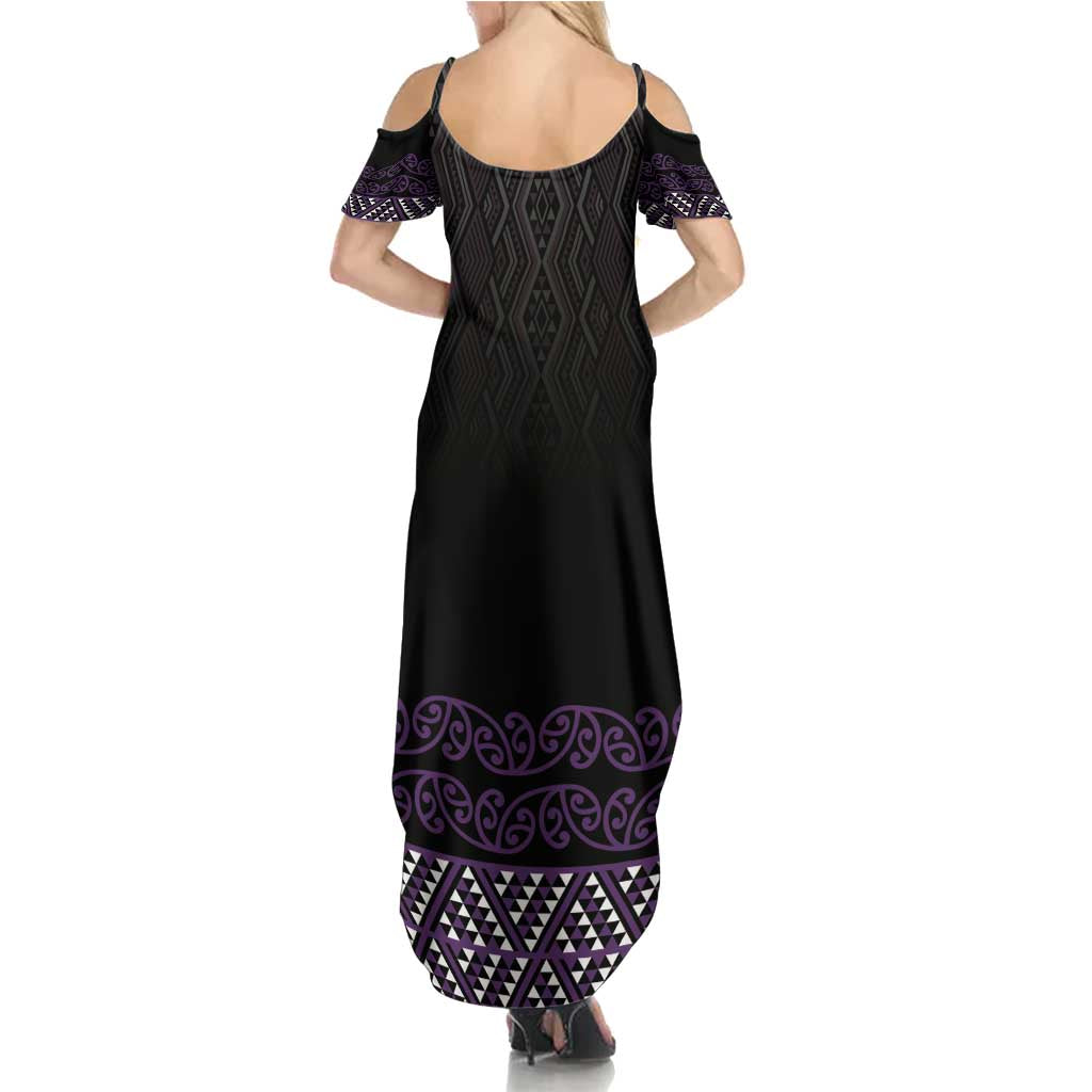 Maori Taniko Patterns Summer Maxi Dress Purple Niho Taniwha Mix Paatiki Motifs