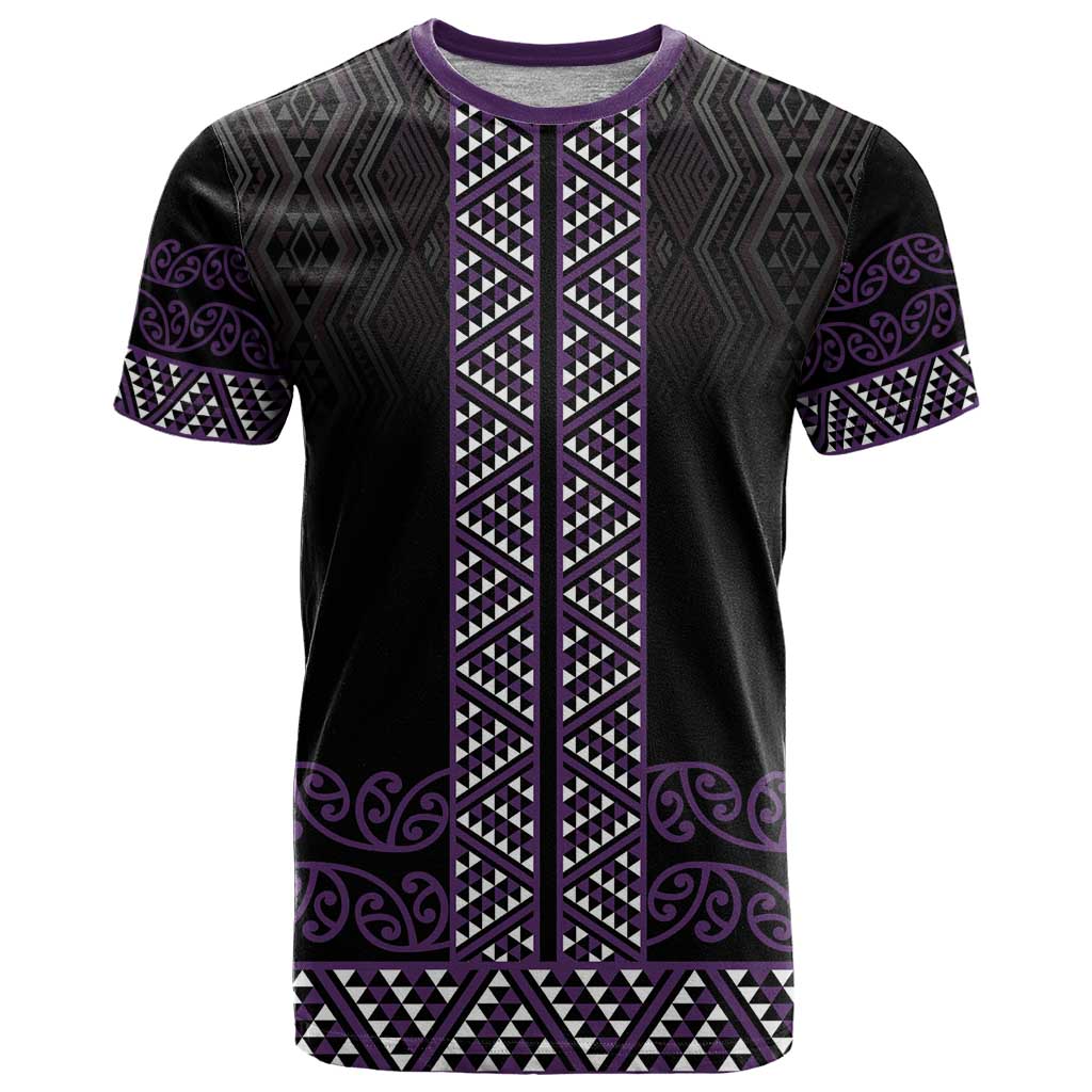 Maori Taniko Patterns T Shirt Purple Niho Taniwha Mix Paatiki Motifs