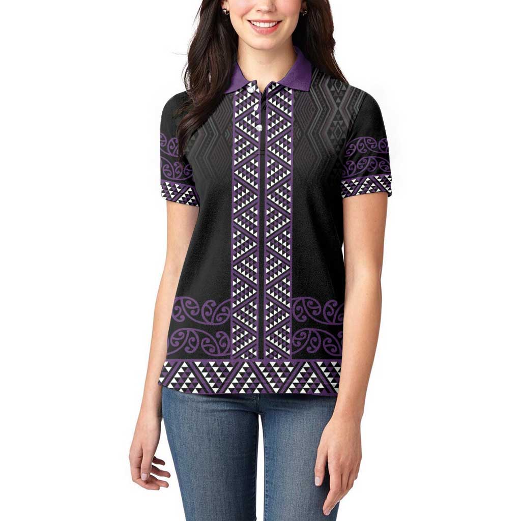 Maori Taniko Patterns Women Polo Shirt Purple Niho Taniwha Mix Paatiki Motifs