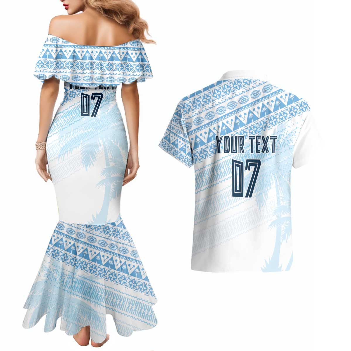 Fiji Rugby Custom Kaiviti Masi Couples Matching Mermaid Dress and Hawaiian Shirt Turquoise - Polynesian Pride