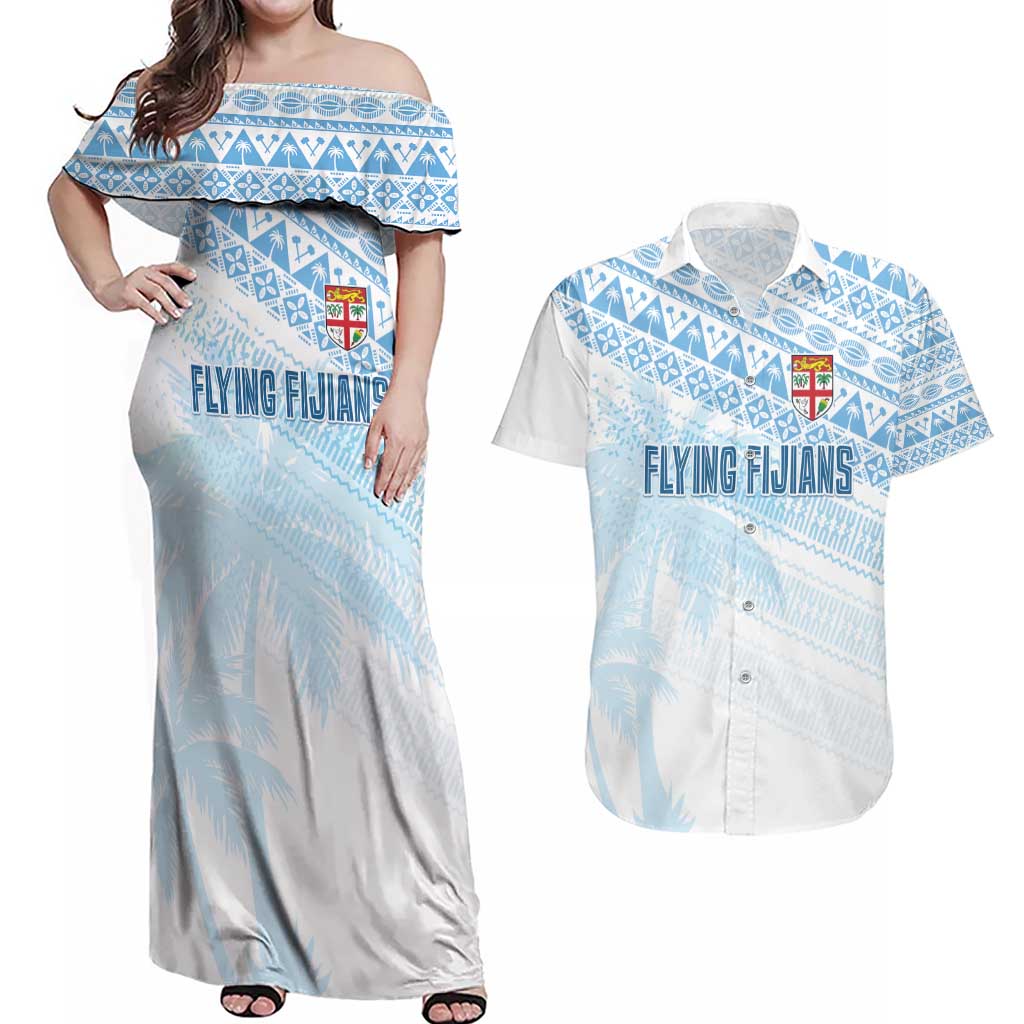 Fiji Rugby Custom Kaiviti Masi Couples Matching Off Shoulder Maxi Dress and Hawaiian Shirt Turquoise - Polynesian Pride
