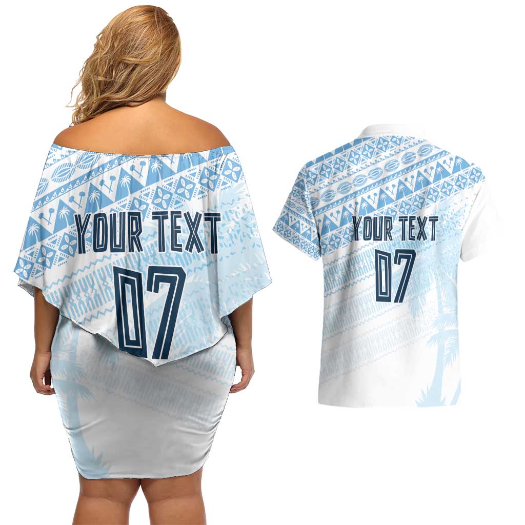 Fiji Rugby Custom Kaiviti Masi Couples Matching Off Shoulder Short Dress and Hawaiian Shirt Turquoise - Polynesian Pride