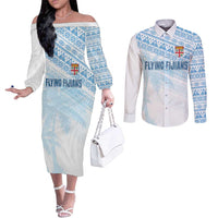 Fiji Rugby Custom Kaiviti Masi Couples Matching Off The Shoulder Long Sleeve Dress and Long Sleeve Button Shirt Turquoise - Polynesian Pride