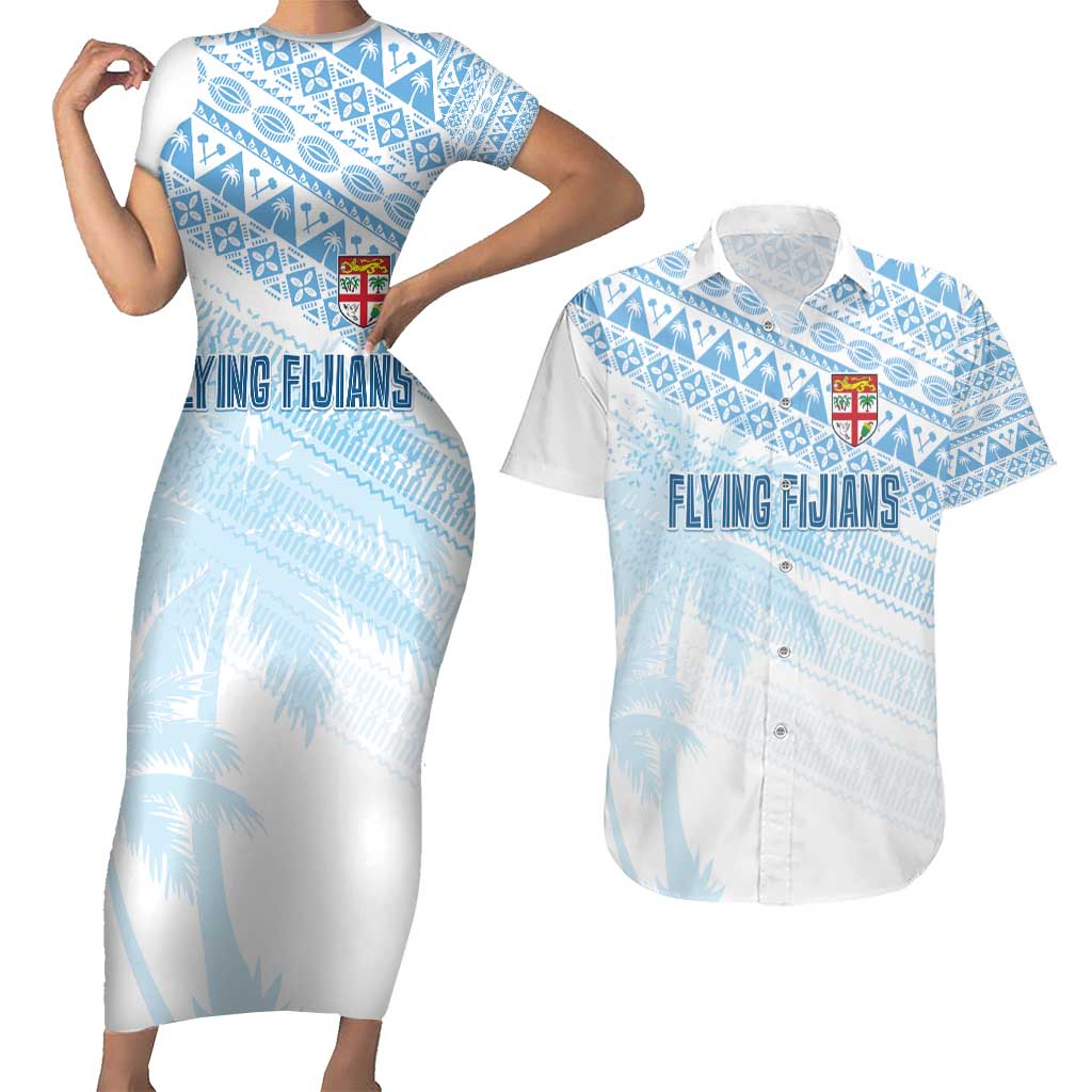 Fiji Rugby Custom Kaiviti Masi Couples Matching Short Sleeve Bodycon Dress and Hawaiian Shirt Turquoise - Polynesian Pride