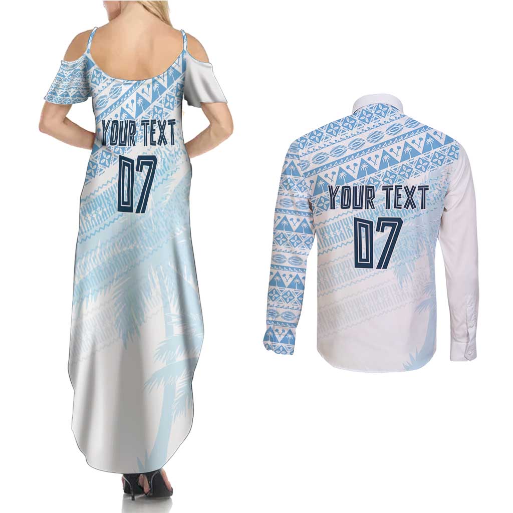 Fiji Rugby Custom Kaiviti Masi Couples Matching Summer Maxi Dress and Long Sleeve Button Shirt Turquoise - Polynesian Pride